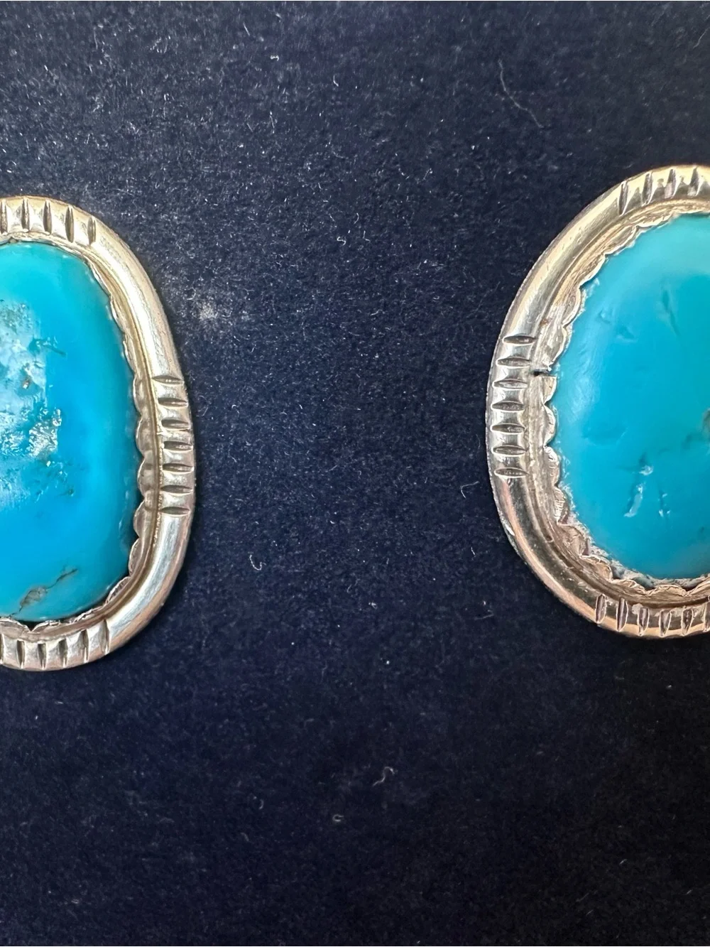 Vintage Navajo Sterling Silver Large Turquoise Oval Cabochons Stud Earrings
